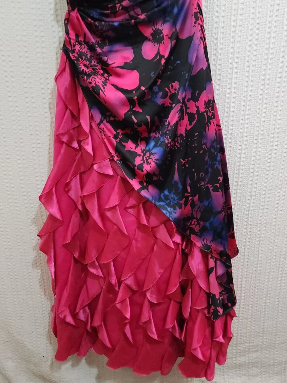 Y2K Strapless Ruffle Prom Dress Floral Black Pink Lizzie McGuire Vibe Size 13/14 - Picture 12 of 15